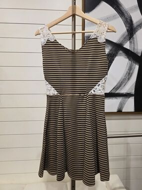 Poof Couture Brown and Black Striped Midi Dress with White Lace